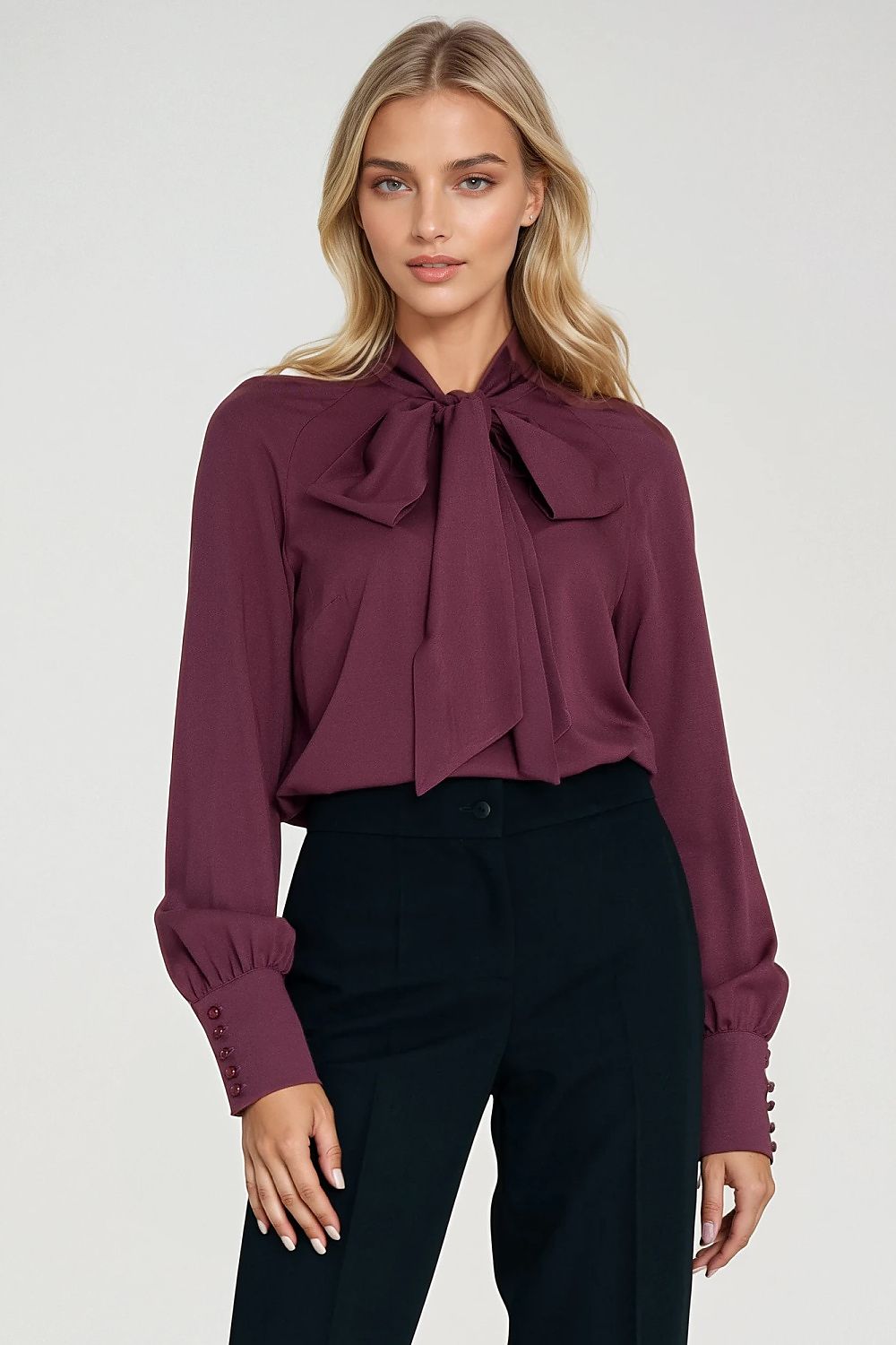 Violet blouse with scarf-style neck tie and buttoned cuffs, long sleeves