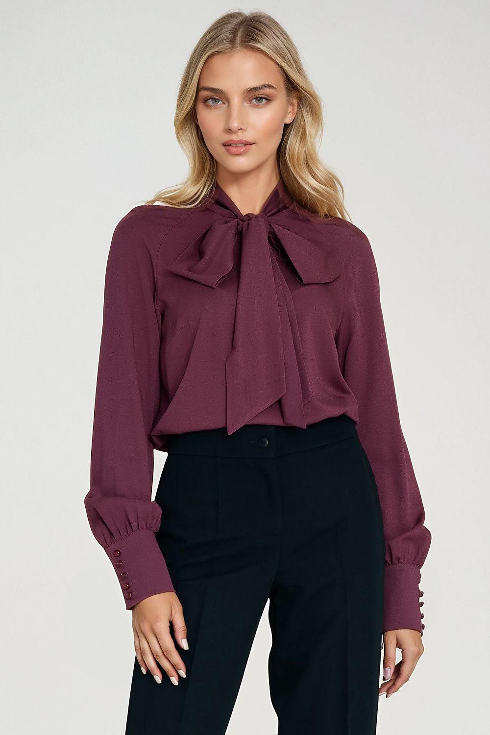 Violet blouse with tie neck bow, long sleeves with gathered cuffs