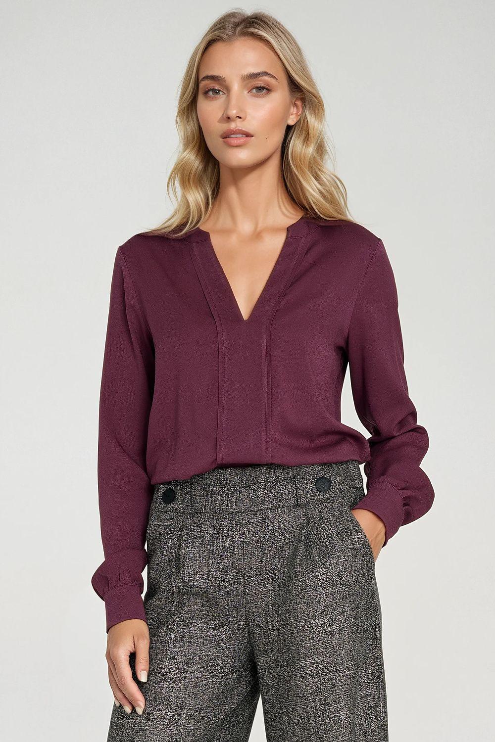V-neck viscose blouse with long sleeves, violet, button-front placket