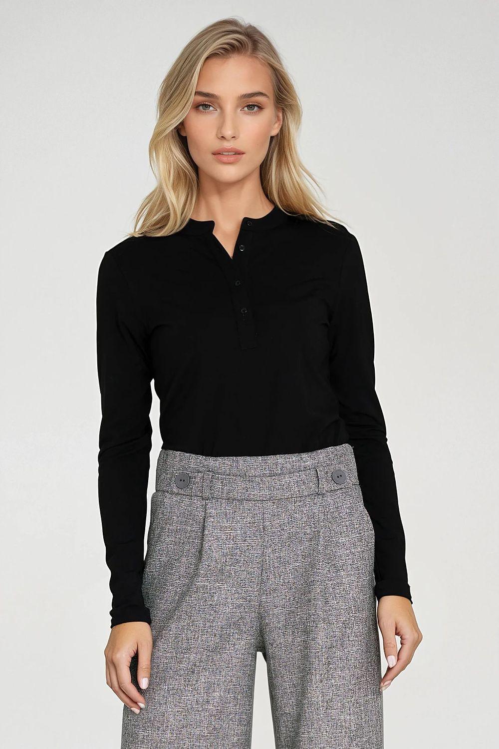 Black button-up blouse with long sleeves and pointed collar