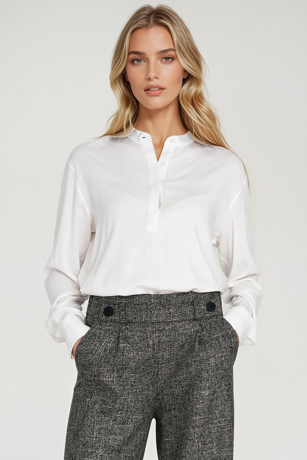 White oversized viscose blouse with band collar and button-front, long sleeves