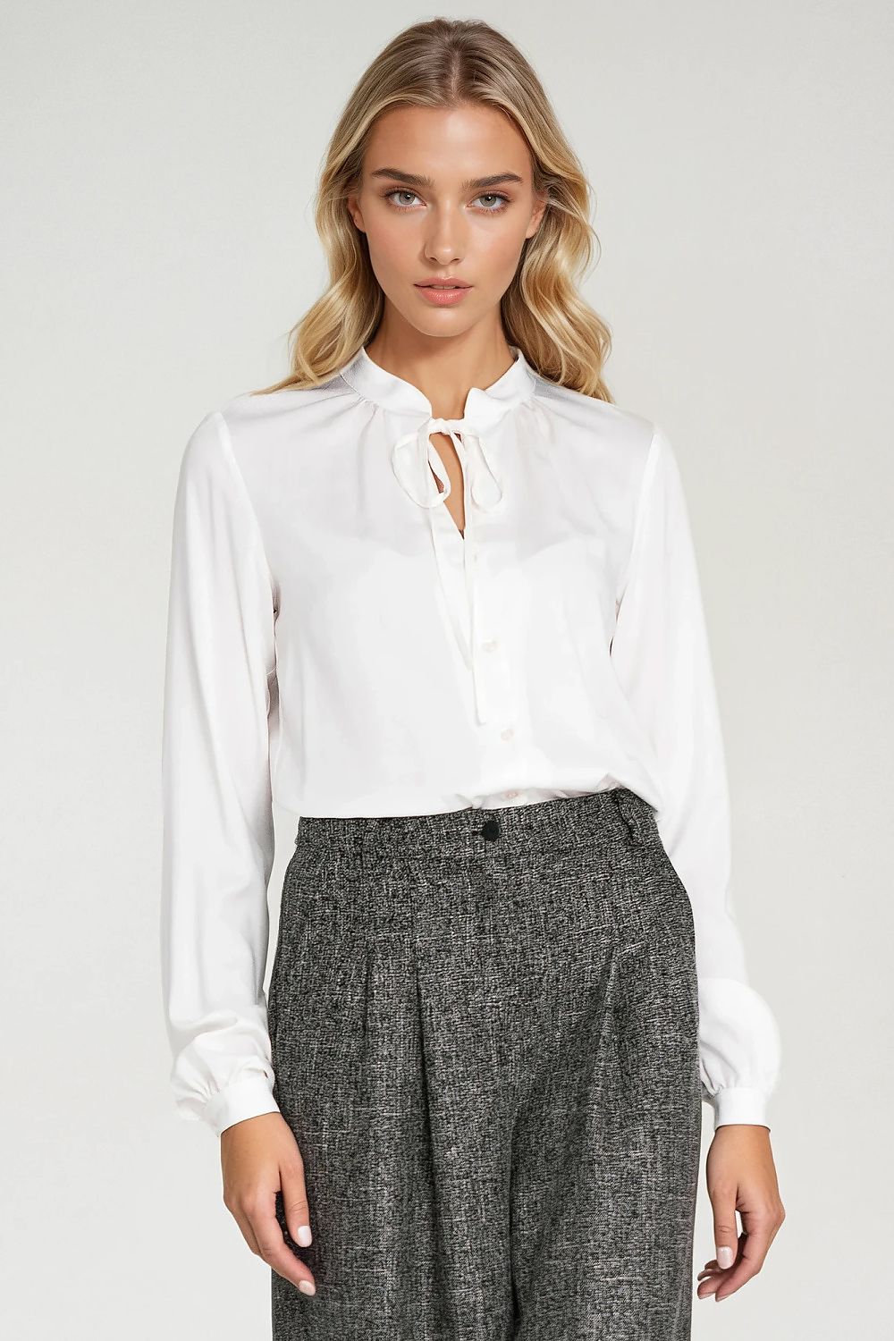 White viscose button-up shirt with tie-neck keyhole and long sleeves