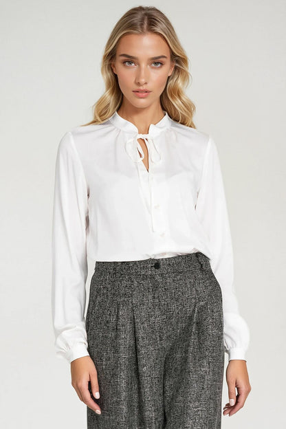 White viscose button-up shirt with tie-neck keyhole and long sleeves