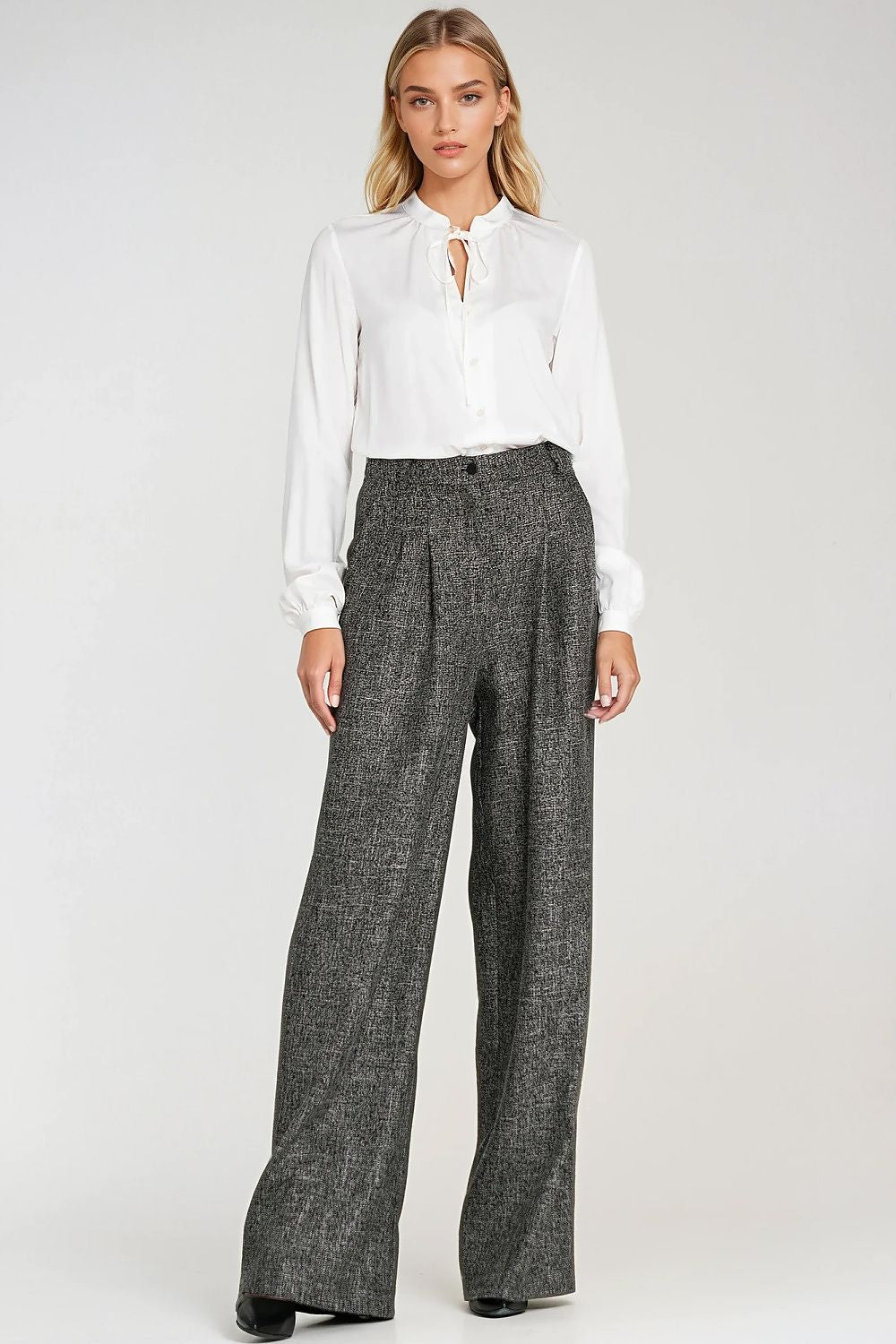 White viscose tie-neck button shirt with keyhole placket and long sleeves
