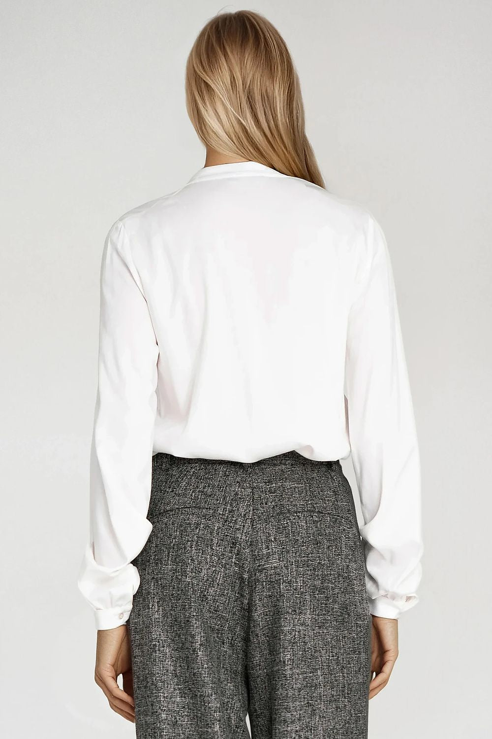White viscose shirt back view with long sleeves and button cuffs