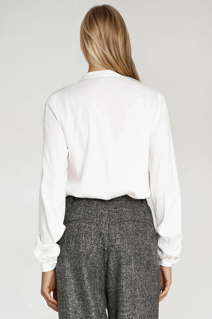 White viscose shirt back view with long sleeves and button cuffs