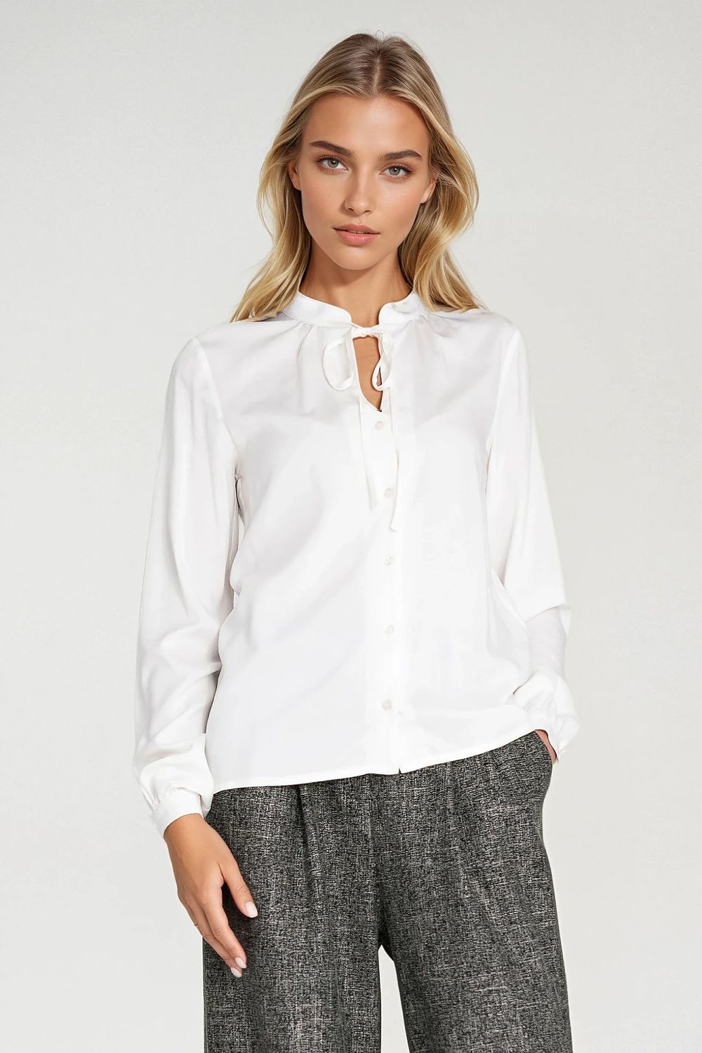 White viscose button-up shirt with tie-neck opening and relaxed long sleeves