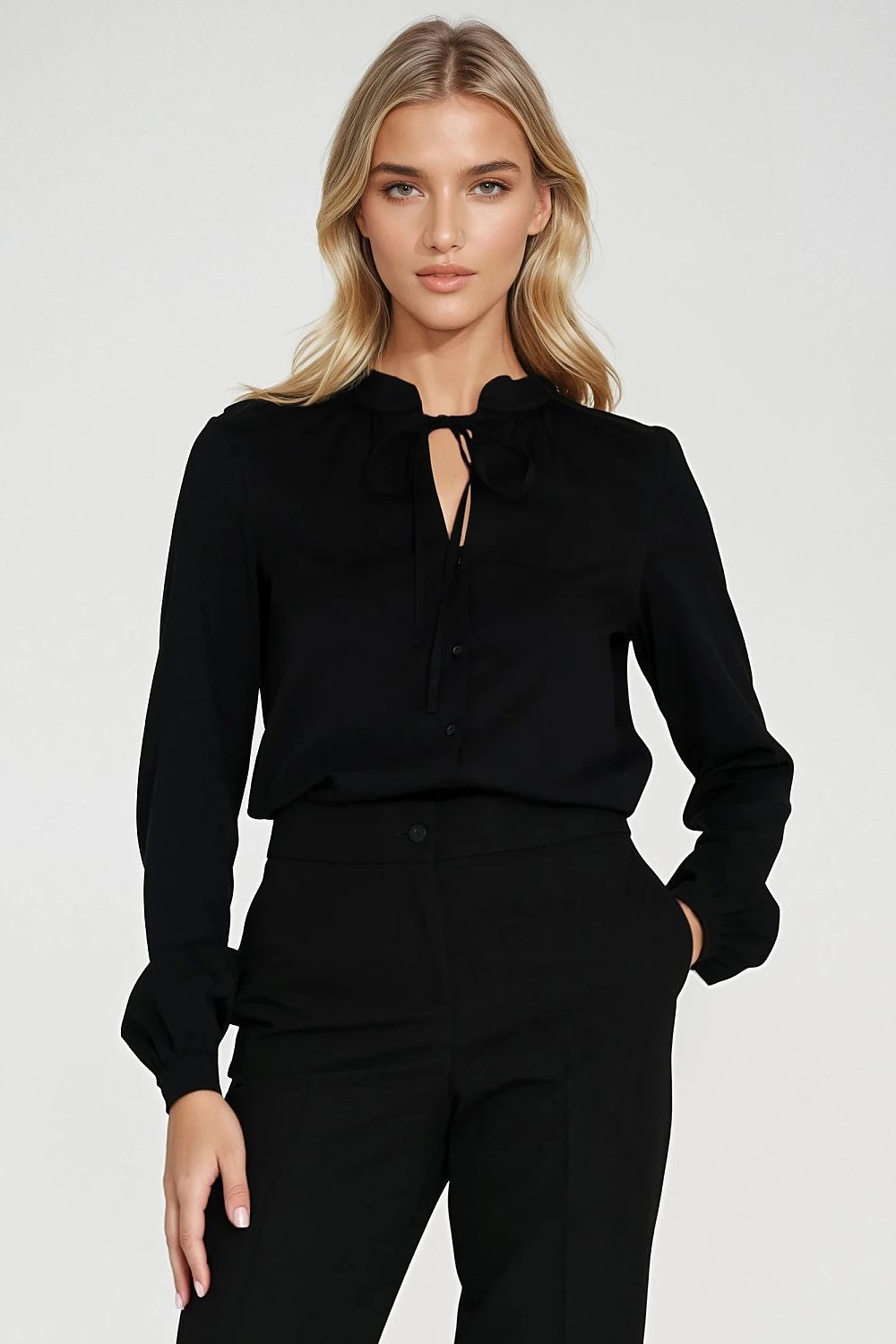 Black viscose button-up shirt with tie-neck keyhole and long sleeves