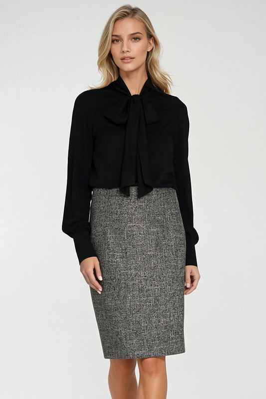 Gray textured knee-length pencil skirt with straight hem