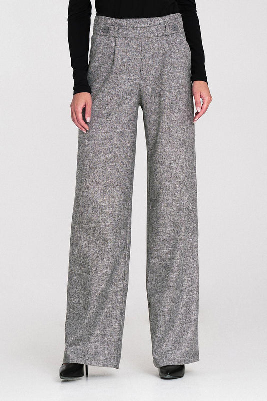 Grey wide-leg trousers with front button and side pockets, tailored waistband.