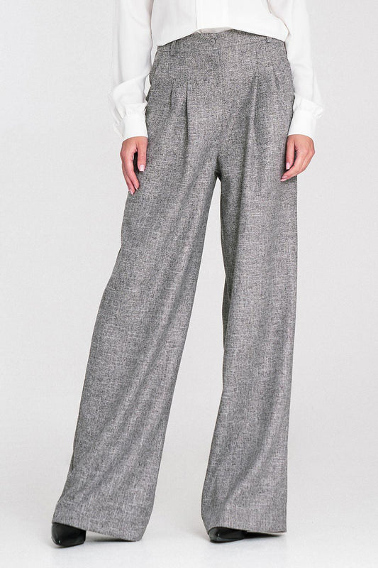 Dark grey wide-leg trousers with side pockets and draped waistband