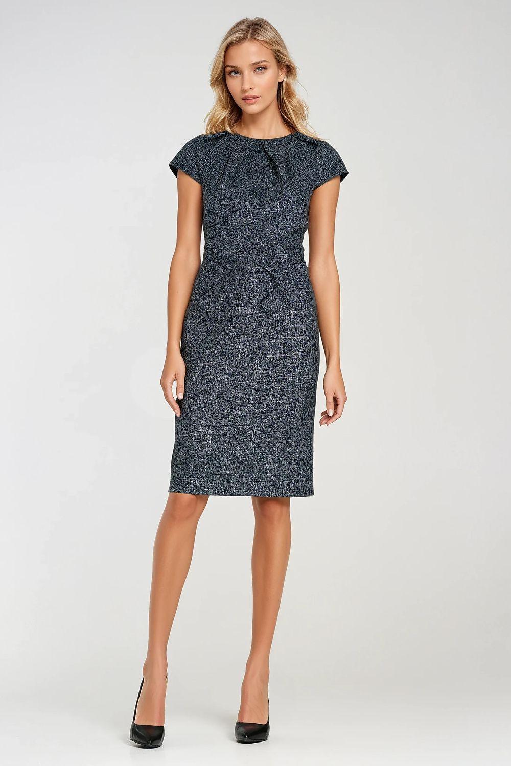 Women’s daydress in dark heather knit, cap sleeves, crew neck, fitted front with curved seams