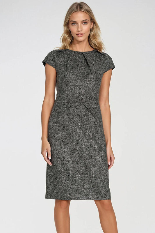 Dark gray day dress with cap sleeves and crew neck, fitted waist seam
