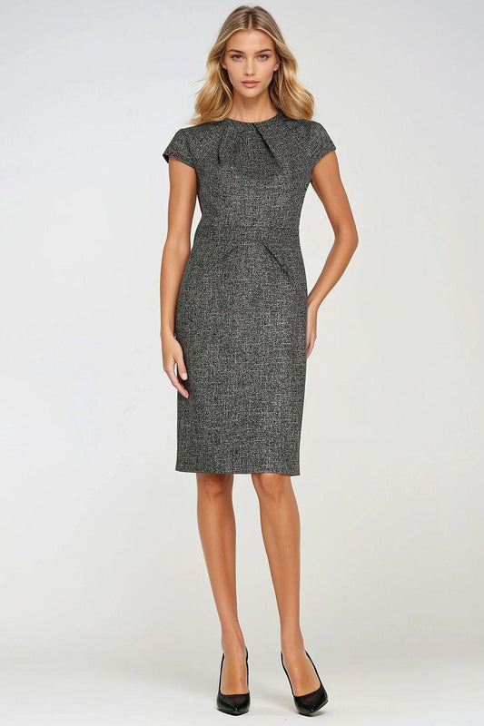 Dark gray day dress with cap sleeves, crew neck, fitted sheath to knee