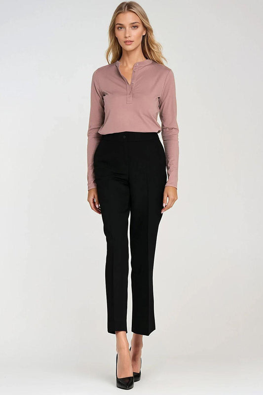 Women's black tailored trousers with crease, ankle length, slim straight leg