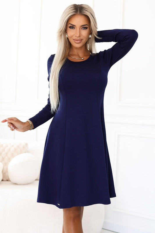 Navy blue daydress, long sleeves, round neck, A-line fit