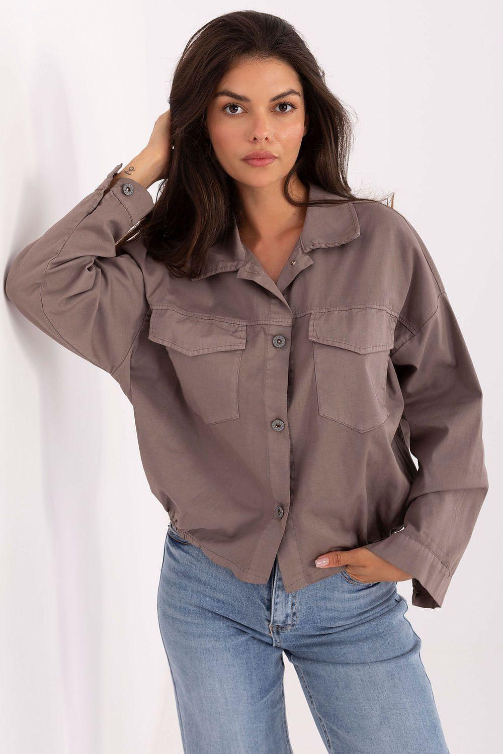 Long-sleeve cotton shirt in taupe with two chest pockets and button front, relaxed fit