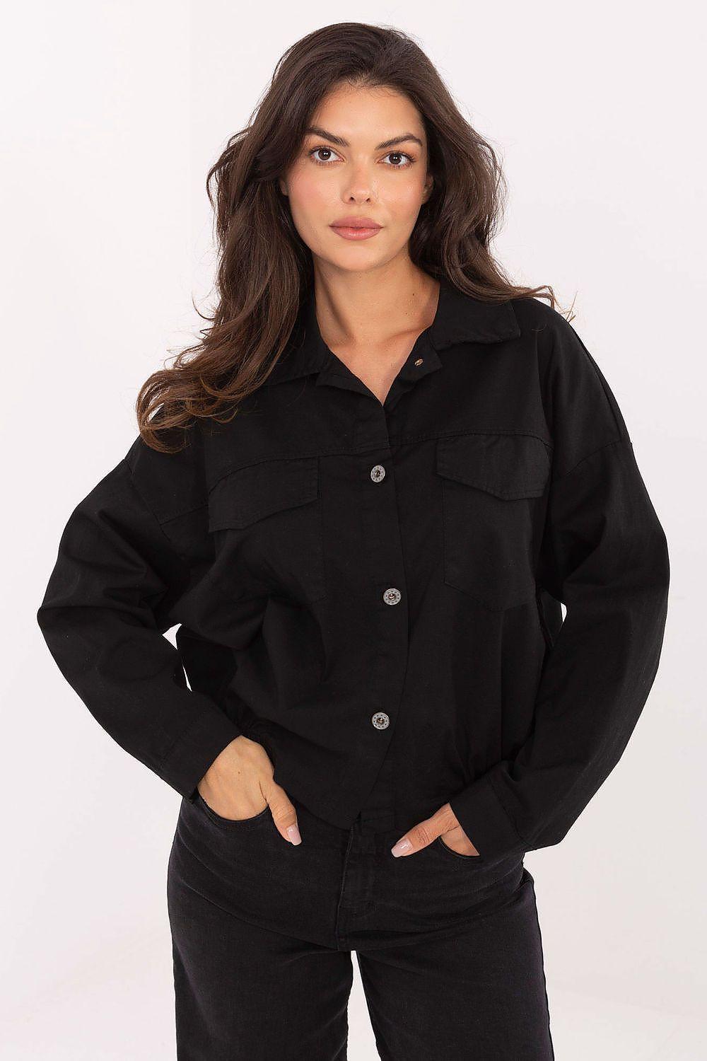 Long-sleeve black button-up shirt with collar and chest pockets