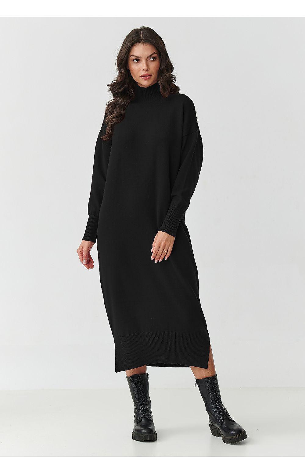 Black midi sweater daydress with turtleneck, long sleeves, and side slit