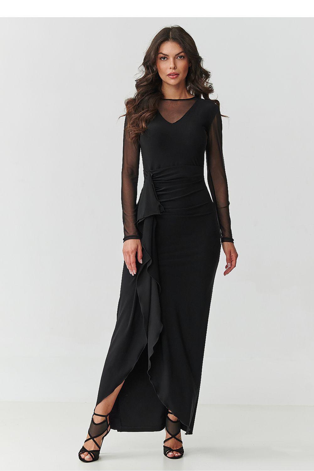 Black maxi dress with V-neck, sheer sleeves, and ruched waist detail