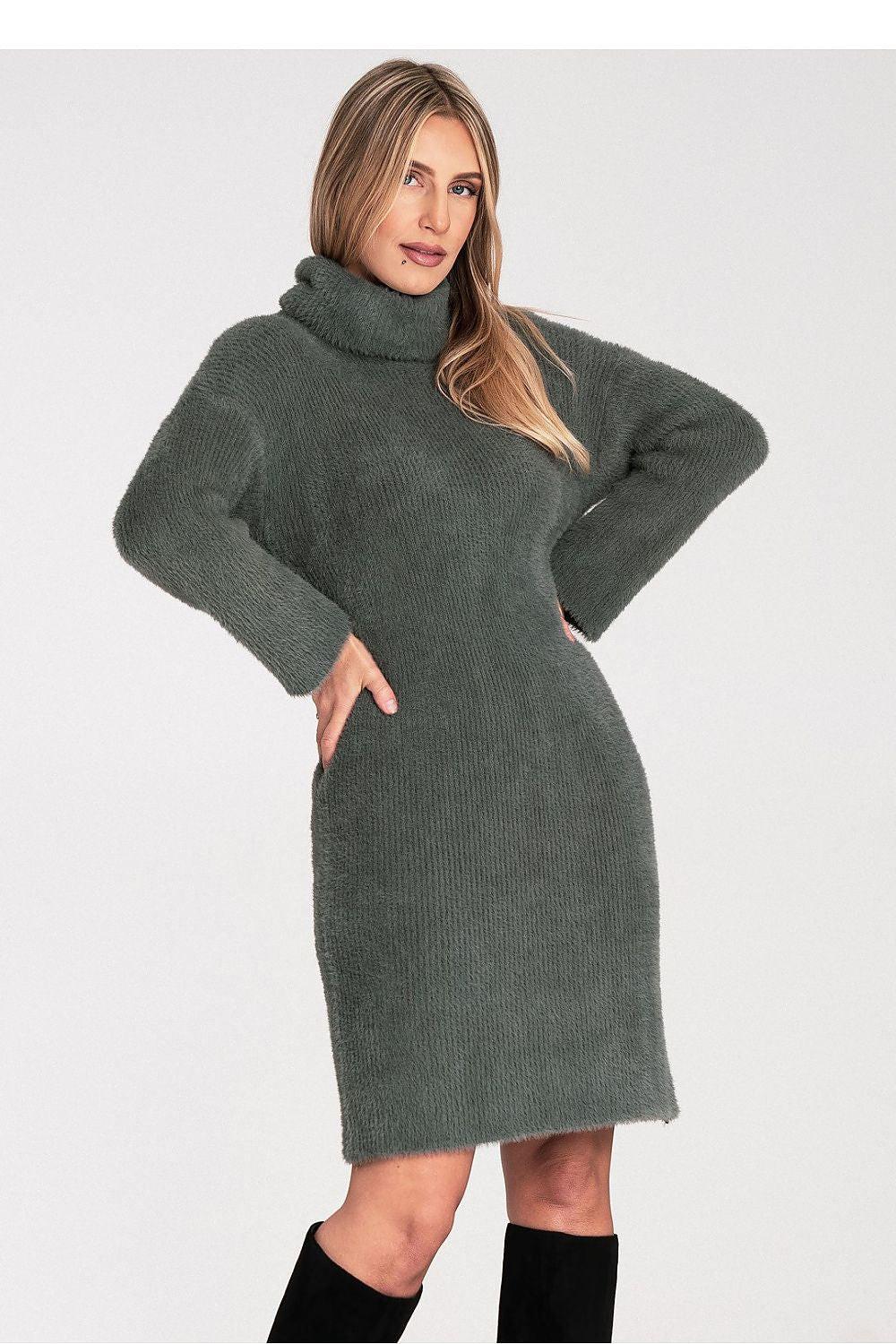 Fluffy knit turtleneck dress in dark green, high neck, long sleeves, fitted.