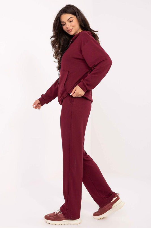 Hoodie and jogger set, dark red, drawstring hood and tapered leg pants