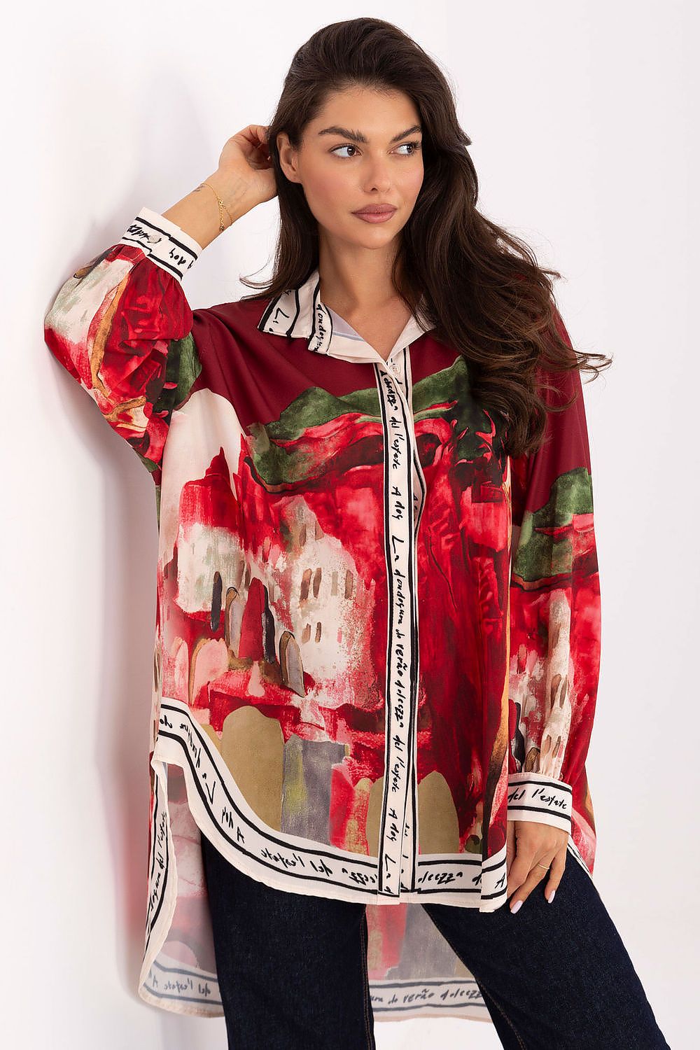 Long sleeve shirt with abstract red, white, and green print; button-front and collar