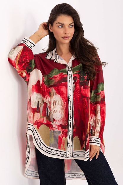 Long sleeve shirt with abstract red, white, and green print; button-front and collar