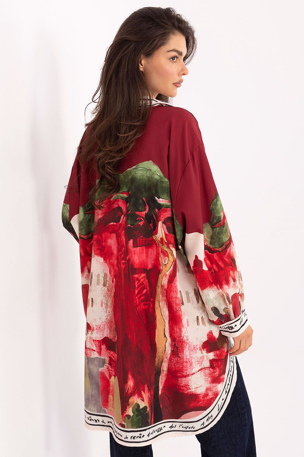 Long sleeve shirt with red, white, and green abstract back print; cuffed sleeves