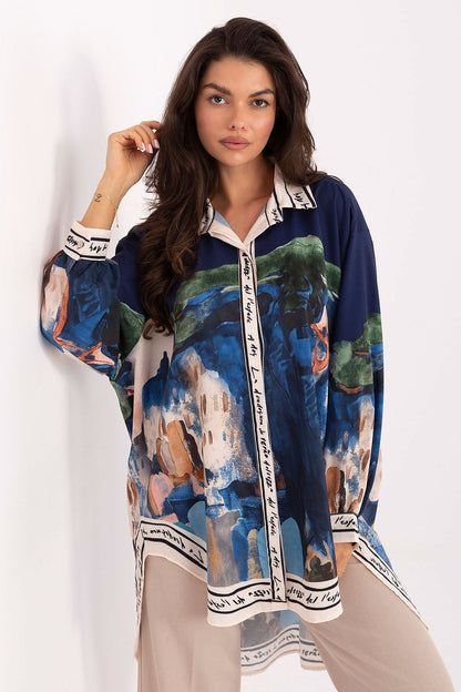 Long sleeve shirt with navy and blue abstract print; button-front and stand collar
