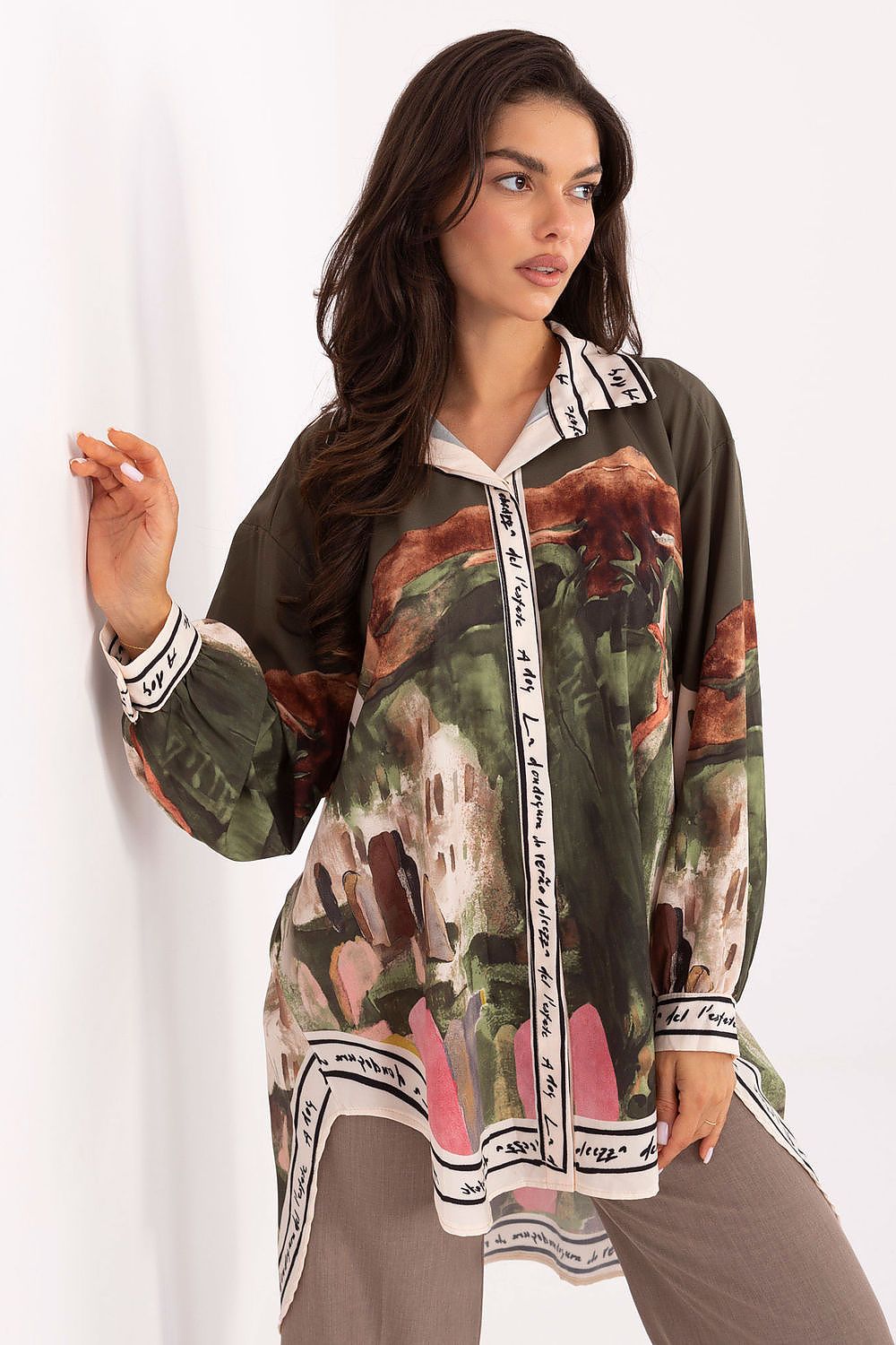 Long sleeve shirt with olive and red abstract print; button-front and collar