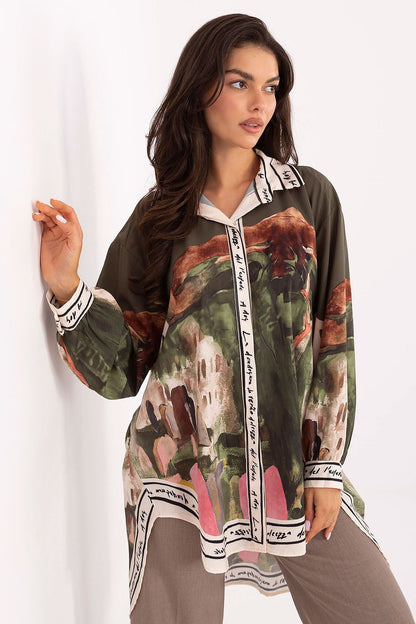 Long sleeve shirt with olive and red abstract print; button-front and collar