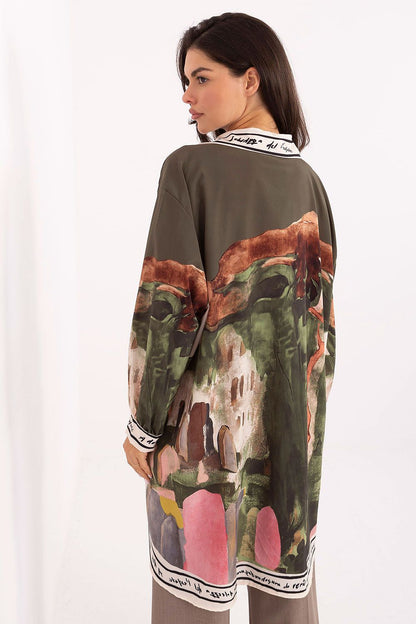 Long sleeve shirt with dark olive abstract back print; wide collar and button placket