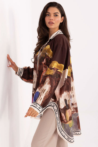 Women’s long sleeve shirt with abstract painterly print and contrast trim at cuffs and hem