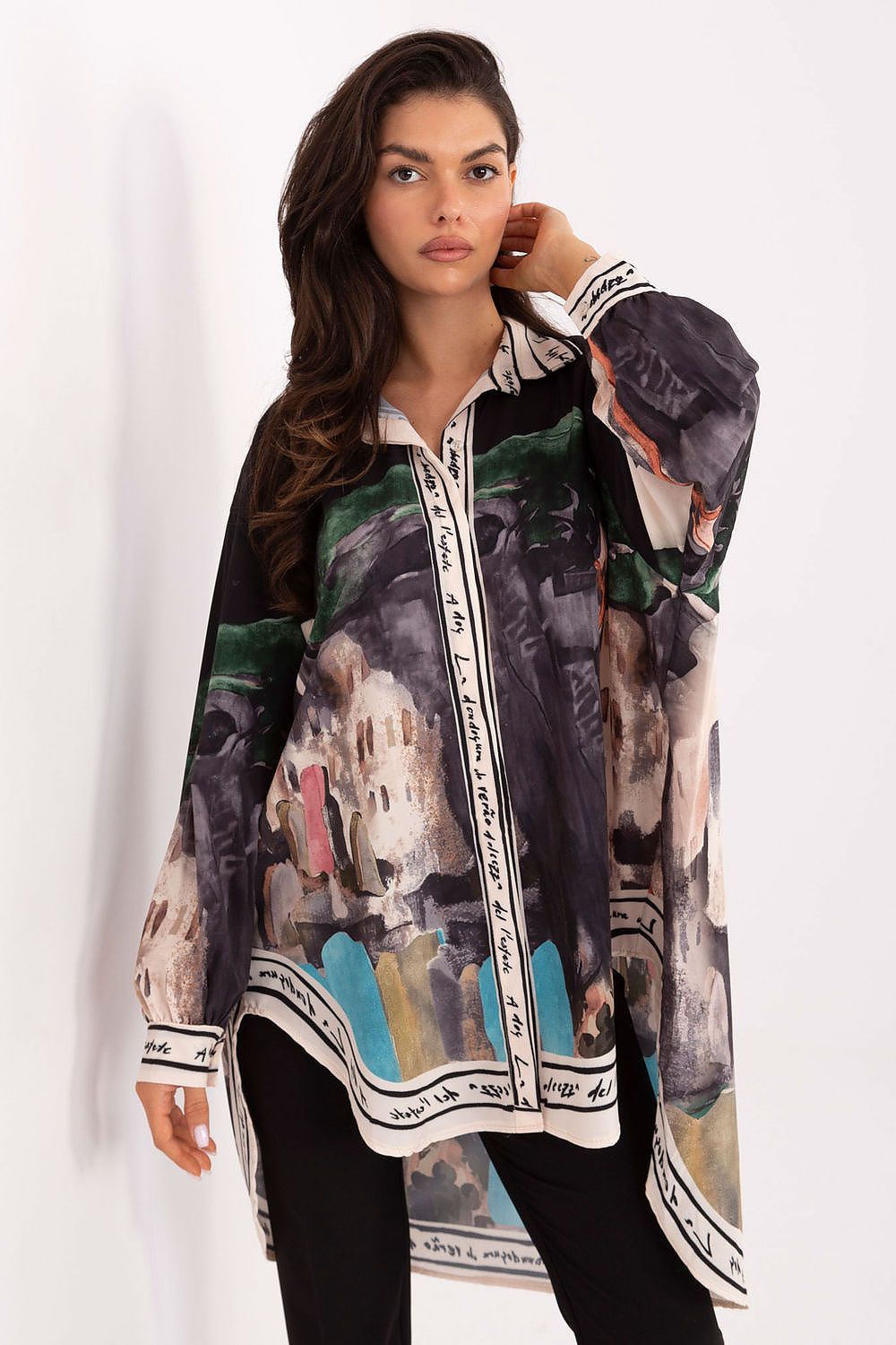 Women’s long sleeve shirt with abstract painterly print in dark tones, green accents, and blue