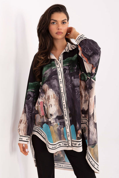Women’s long sleeve shirt with abstract painterly print in dark tones, green accents, and blue