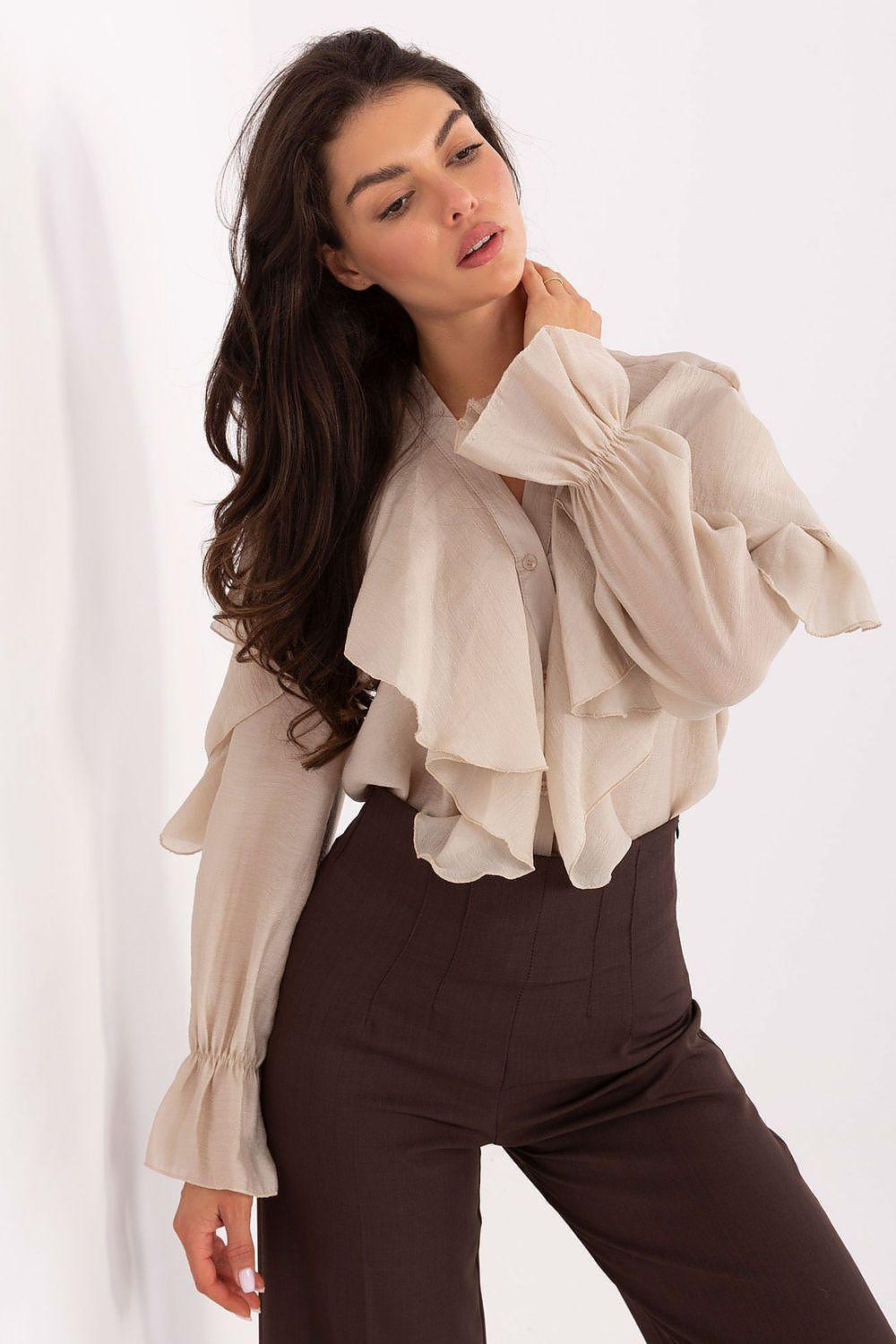 Rue Paris beige long-sleeve ruffle shirt with gathered neckline, puff sleeves, elastic cuffs