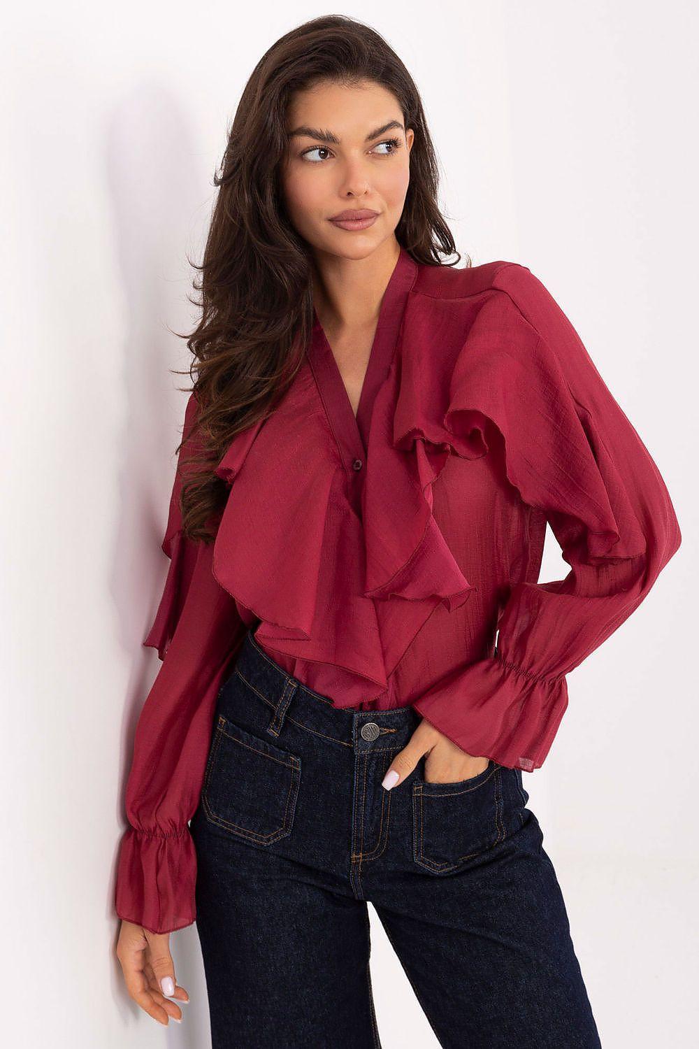 Ruffled long-sleeve shirt with button front and tiered collar in deep red