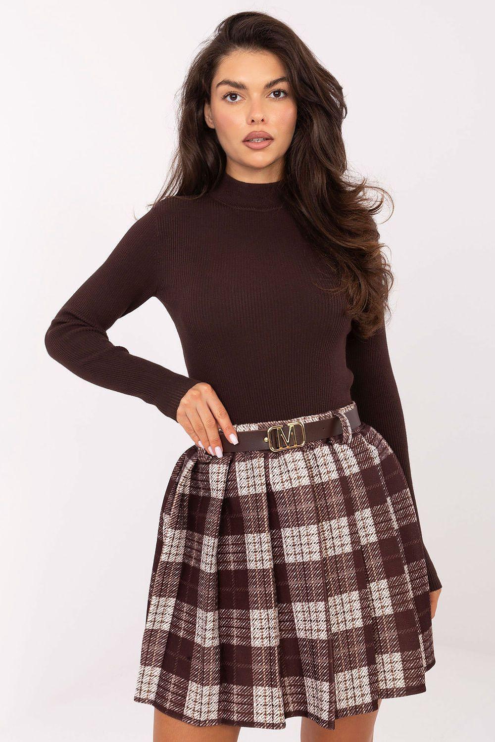 Brown plaid short skirt with gathered pleats and dark belt with buckle