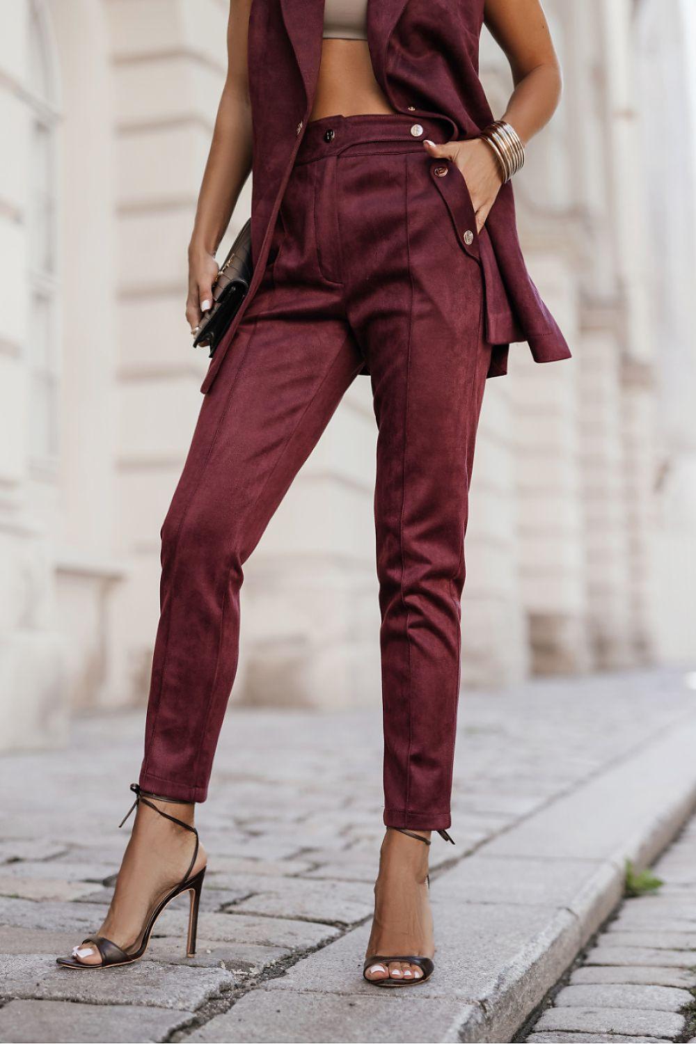 Women's burgundy tailored trousers, button front and belt loops, slim ankle length