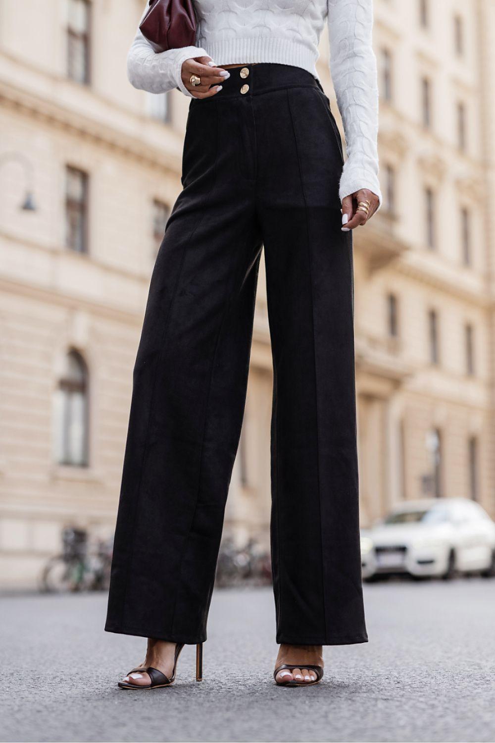 Black high-waist wide-leg trousers with button front and belt loops