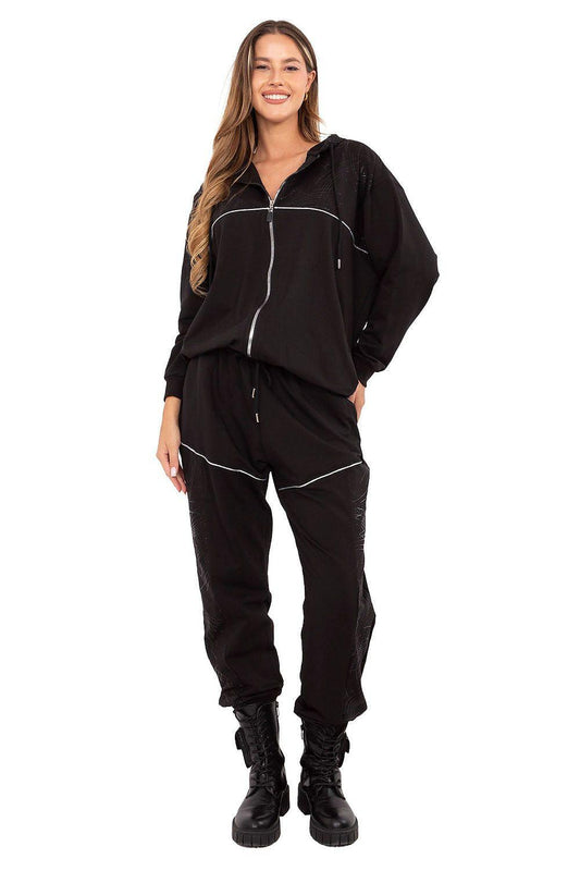 Black zip-up hoodie and jogger pants set with drawstring waist and contrast piping.