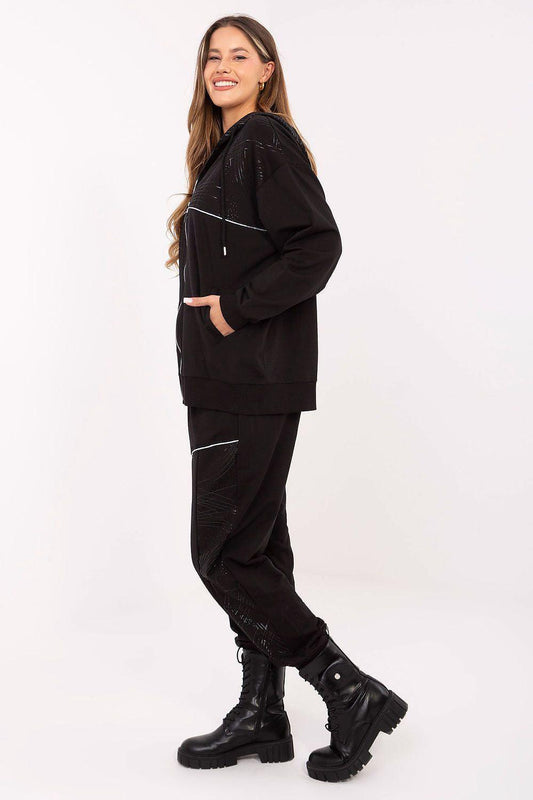 Black hoodie and jogger pants set, full front view with zip and contrast trim.