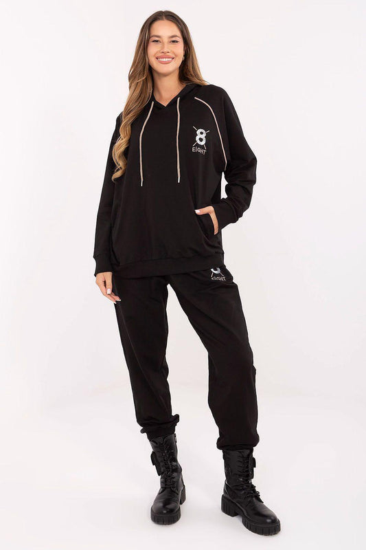 Black hoodie and jogger set with front pocket and drawstring waist