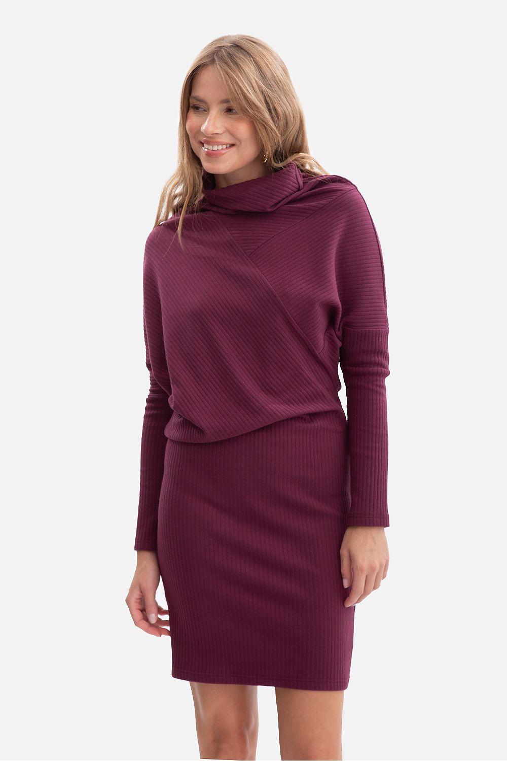 Violet ribbed turtleneck day dress with long sleeves and fitted midi hem