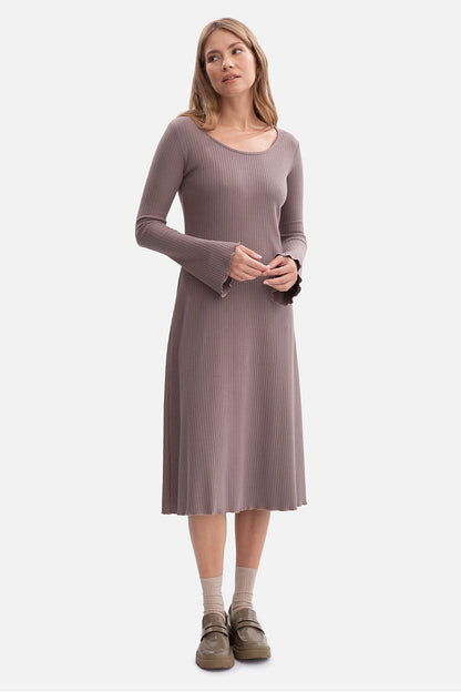 Ribbed daydress long sleeve scoop neck with midi wavy hem in taupe, front view