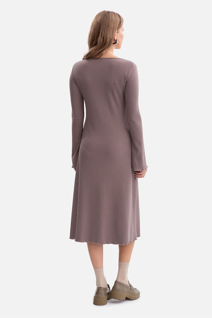 Ribbed daydress with long sleeves and scoop neck, shown from back in taupe
