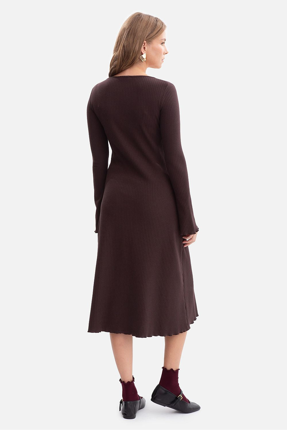 Ribbed daydress long sleeve scoop neck with midi wavy hem, shown from back in dark brown