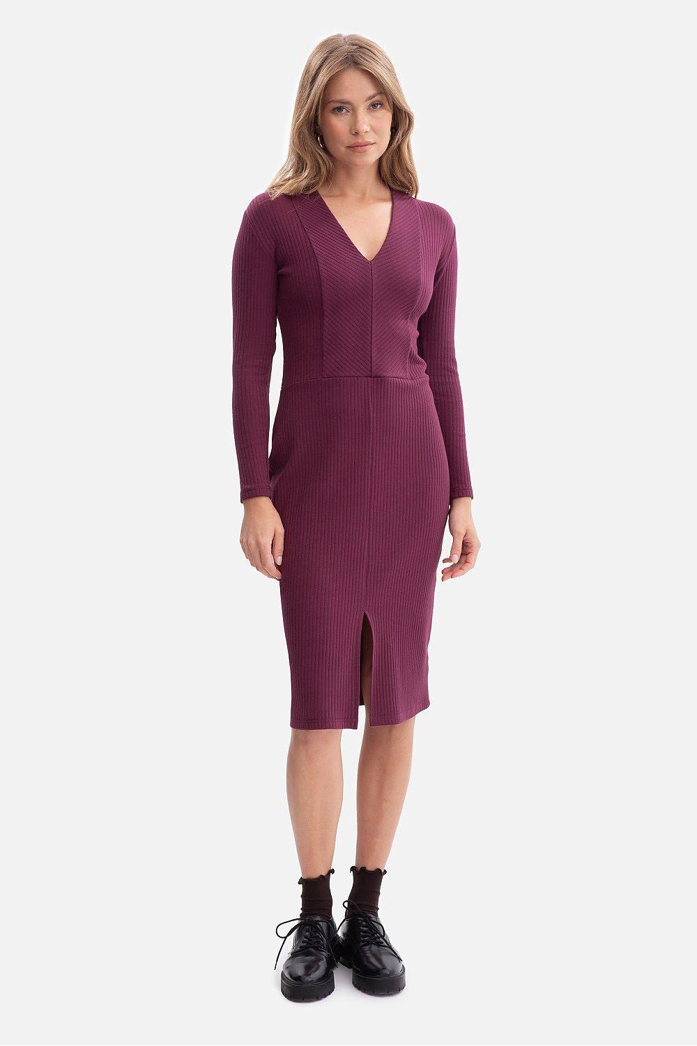 BeWear daydress, violet knit midi with V-neck, long sleeves, fitted bodice, front slit
