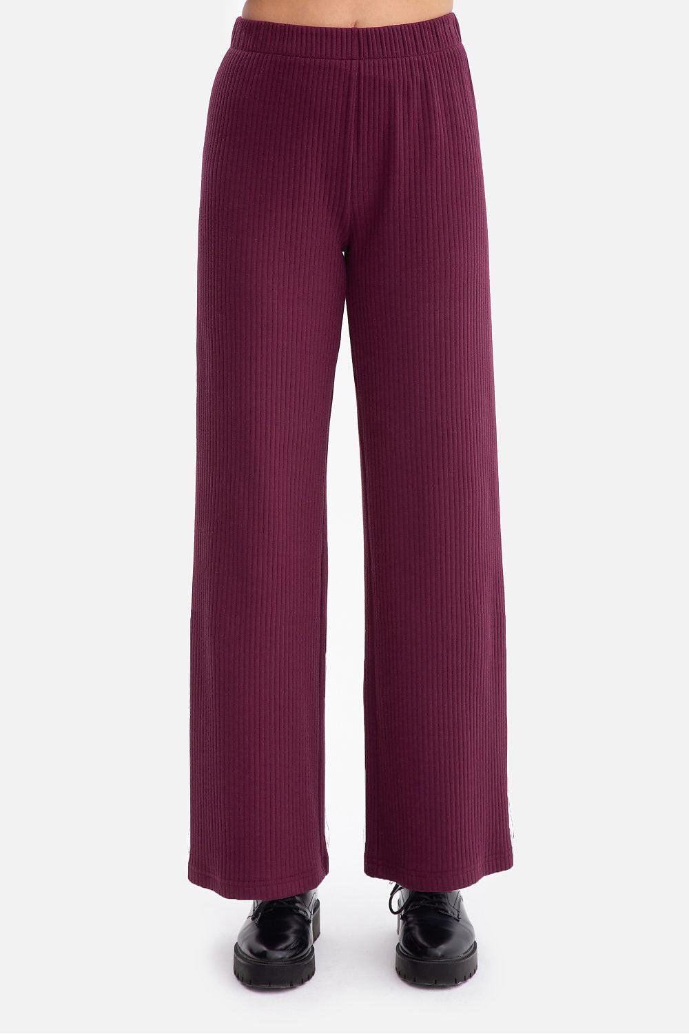 Violet ribbed trousers with elastic waist, wide straight legs